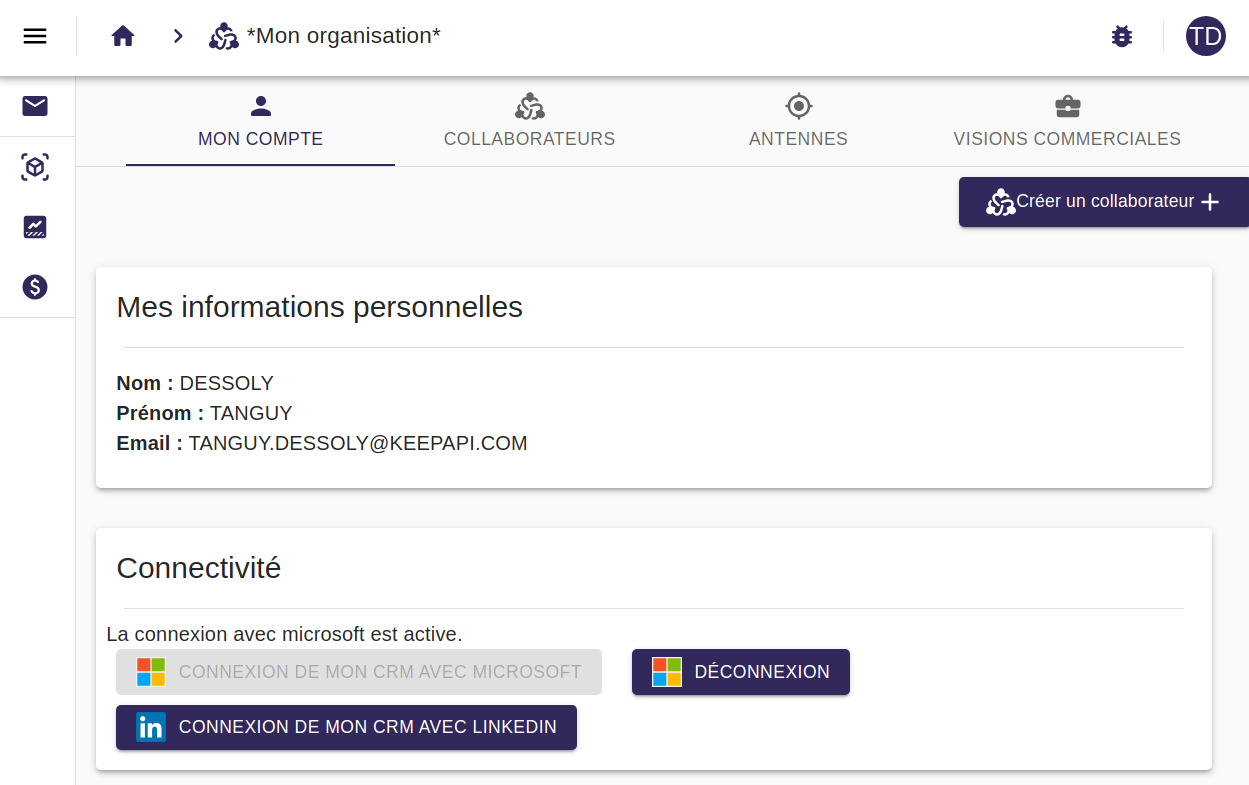 Interface du CRM présentant le compte, les collaborateurs, les antennes et les connexions externes